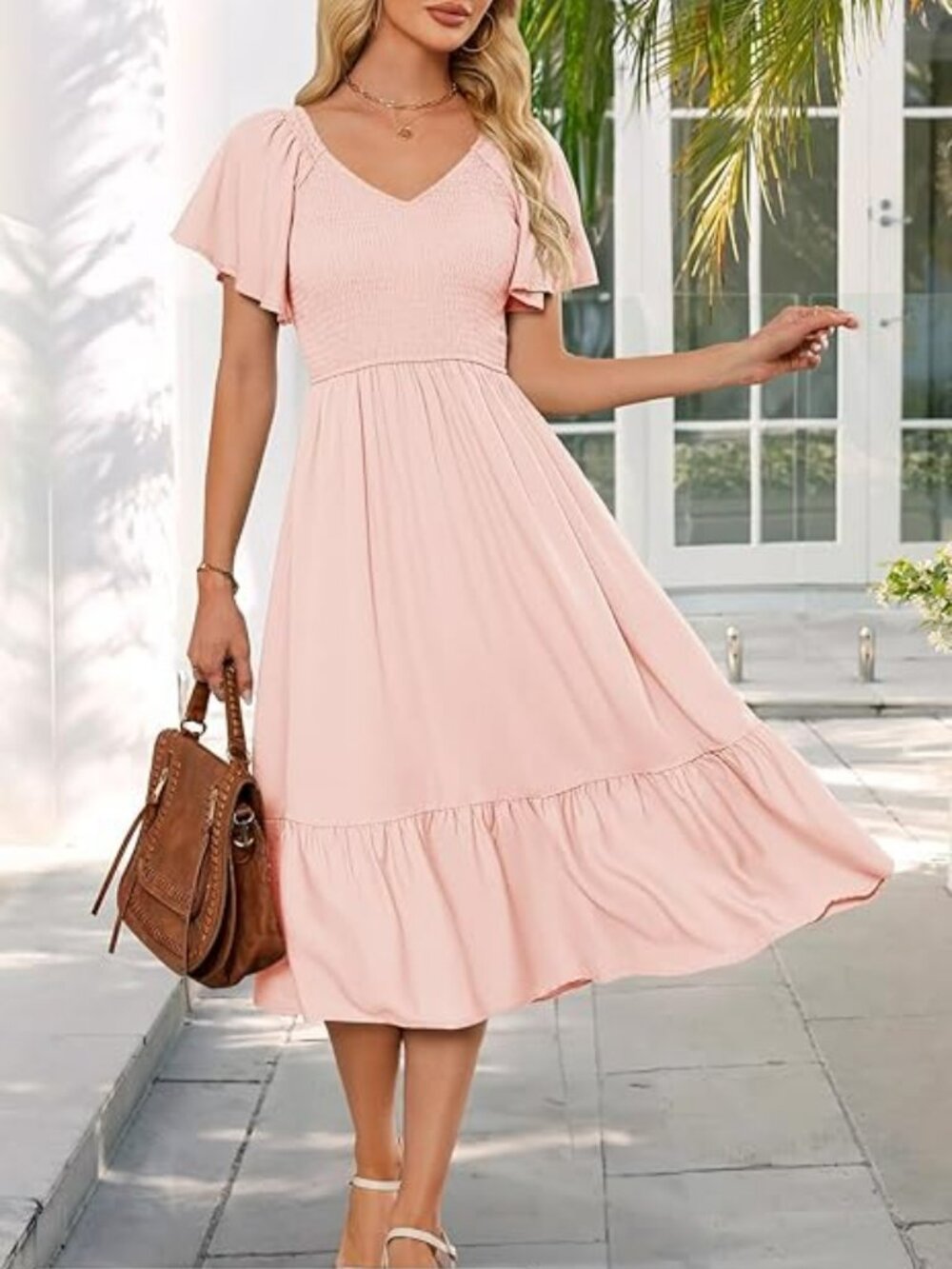 V Neck Pink Ruffle Sleeve Smocked High Waist Midi Dress with Pockets - Large